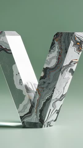 V-shaped Marble Sculpture Rotating on Minimalist Green Background Revealing Vein Patterns