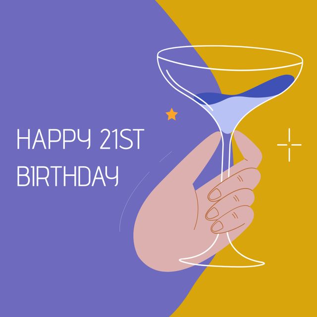 Illustration of hand holding a drink glass on colorful background and 'Happy 21st Birthday' text banner, ideal for digital or print invitations. Perfect for creating a fun and stylish atmosphere for milestone birthday celebrations.