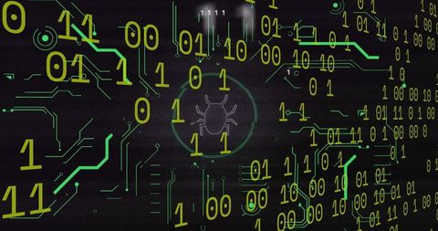 Neon cybersecurity bug detection concept with pulsing circular target and binary code