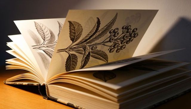 Open hardcover botanical sketches in warm light, vintage ink leaf and berry illustrations