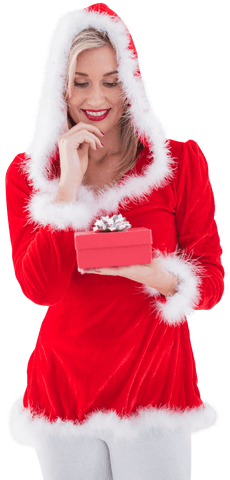 Festive Blonde Holding Gift in Transparent Santa Outfit