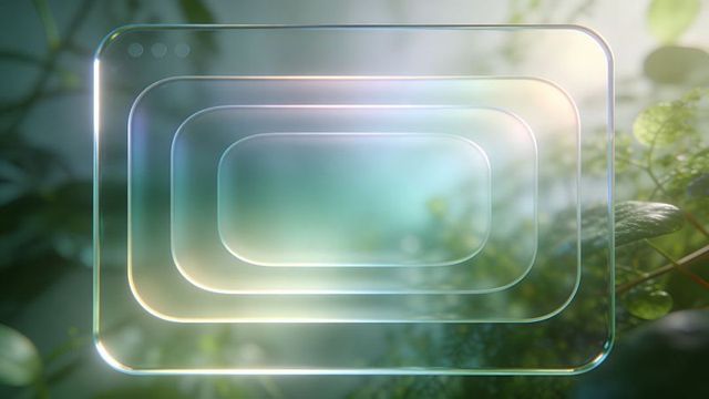 Floating nested rounded glass panels refracting light over blurred green foliage