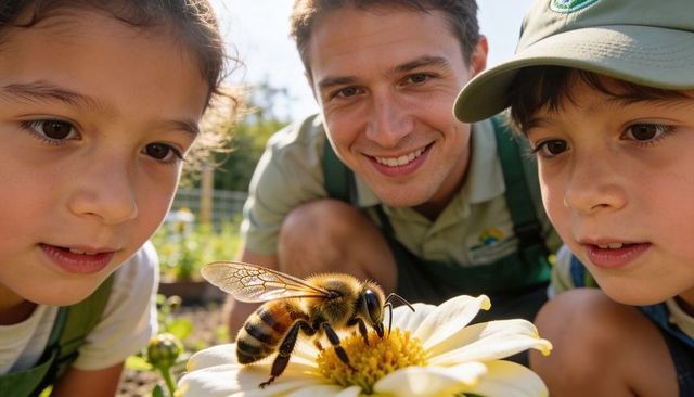 Gardener guiding children observing honeybee pollinating white daisy in garden