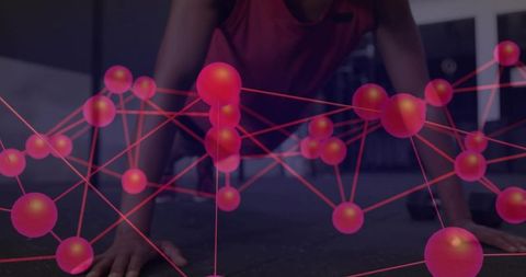 Woman holding plank with neon magenta network overlay representing connected fitness data