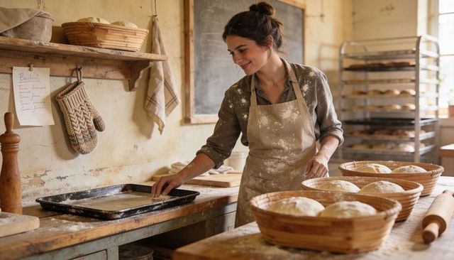 Artisan baker preparing rustic sourdough loaves in sunlit kitchen with bannetons and dough