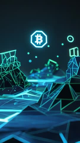 Gliding Vertical Video Revealing Pulsing Neon Grid and Floating Bitcoin Icon