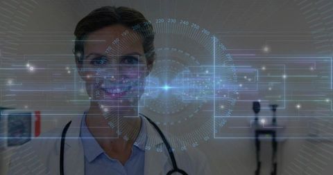 Standing Female Doctor Wearing Stethoscope Behind Futuristic Medical HUD Interface Overlay