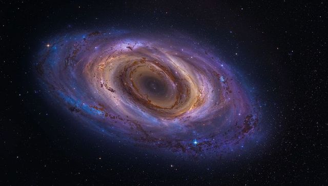 Swirling Purple Spiral Galaxy with Dark Core, Dust Lanes and Luminous Star Clusters