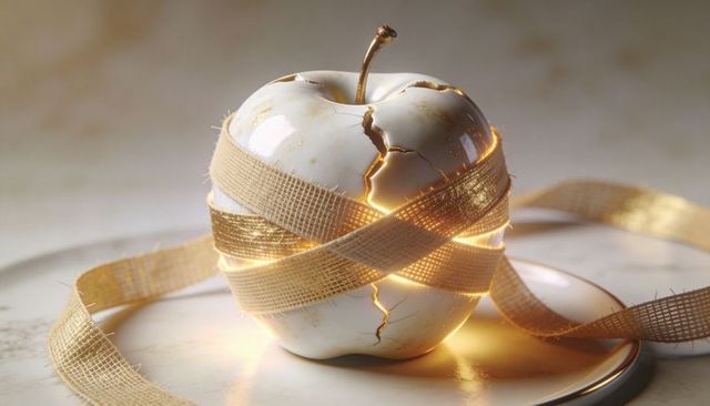 Gilded cracked white apple wrapped in golden ribbon with inner light - luxury concept
