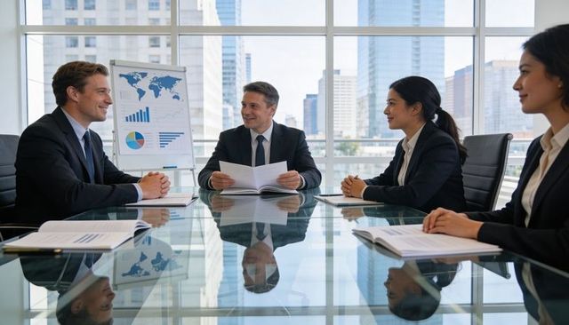 Executive team conducting boardroom meeting at glass table with flip chart and city skyline