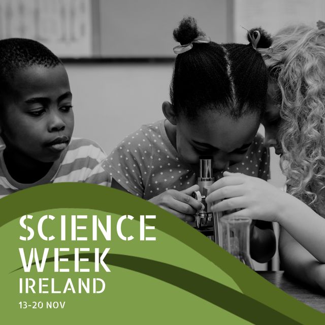 Composition of science week ireland text with diverse schoolchildren using microscope. Science week and celebration concept digitally generated image.