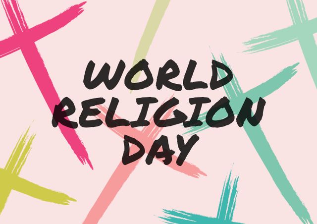 World religion day text over colorful crosses on peach background. text, christianity, communication, religion and god.