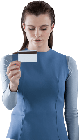 Woman holding credit card on transparent background for finance concept