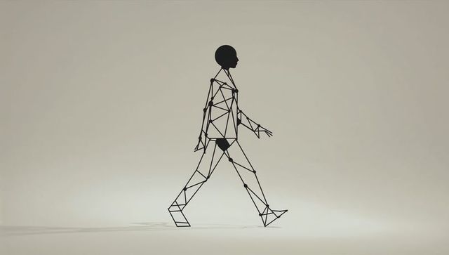 Geomtric wireframe humanoid walking in stylized space