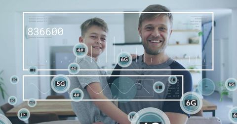 Father and son enjoying future technology at home with 6g overlay