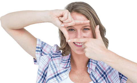 Smiling Woman Framing Face with Fingers, Creative Concept Pose on Transparent