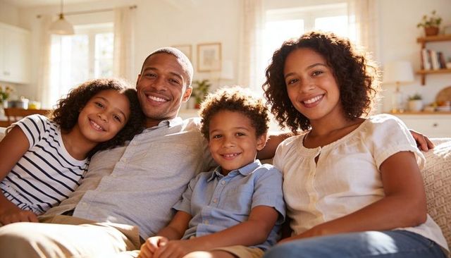 Smiling family of four cuddling on sunlit sofa at home, casual outfits, cozy living room