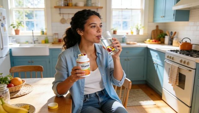 Woman drinking vitamin capsules at sunlit farmhouse kitchen holding supplement bottle