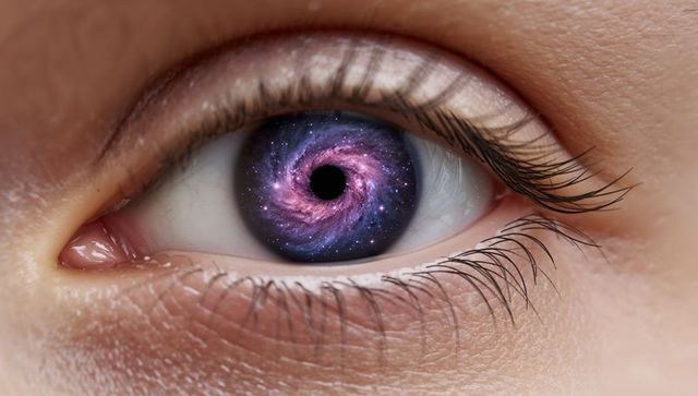 Cosmic iris macro closeup holding human eye with spiral galaxy pupil surreal vision