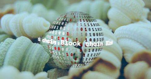 Holographic blockchain binary globe hovering over conchiglie pasta macro featuring bokeh