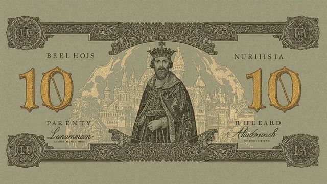 Ornate medieval banknote featuring crowned king on currency