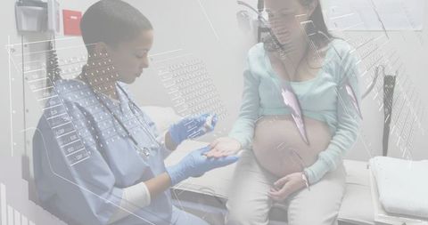 Prenatal nurse preparing injection during clinic visit with pregnant patient hud overlay