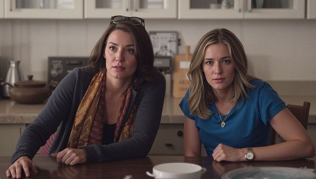 Two women leaning at kitchen table listening intently, casual cozy domestic moment