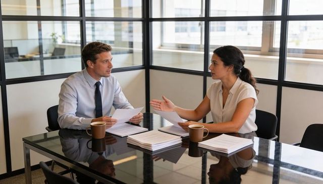 Two colleagues discussing documents at glass conference table in modern office meeting