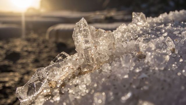 Golden sunrise on coastal ice crystals: glittering translucent shards on pebbly shore