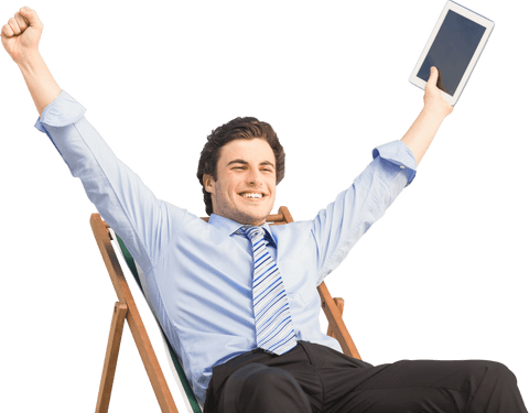 Triumphant Businessman with Tablet on Transparent Background