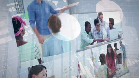 Diverse Office Team Analyzing Data with Digital Overlay