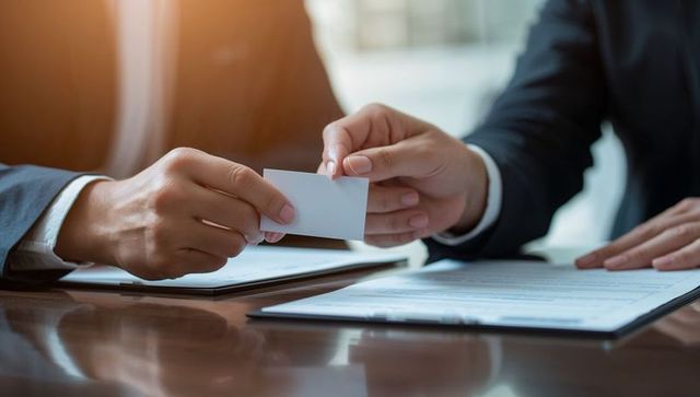 Professionals exchanging blank business card during boardroom meeting for networking