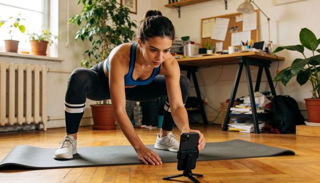 Young woman recording home workout on smartphone tripod while squatting on yoga mat
