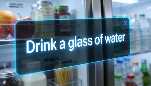 Holographic hydration reminder projecting on refrigerator door encouraging water intake
