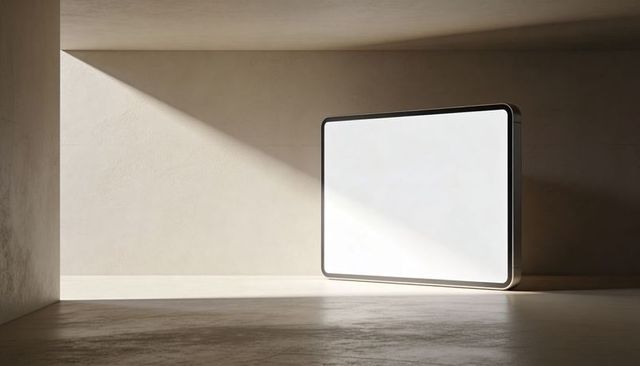 Minimal backlit rounded-corner display leaning on concrete wall with diagonal sunbeam