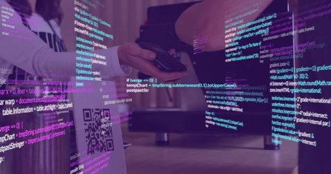 Woman pointing remote at demo table with holographic code overlay and qr panel, neon tech