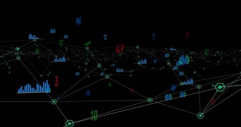 Neon Data Network Visualization with Turquoise Nodes, Charts and Floating Numerals