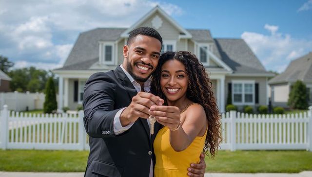 Cheerful couple holding new home keys in suburban yard