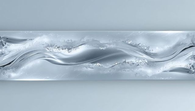 Sleek silver ribbon waves panel flowing metallic sculpture on pale blue wall minimalist