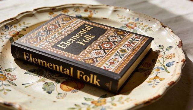 Elemental folk hardcover resting on vintage floral ceramic platter bathed in warm sunlight