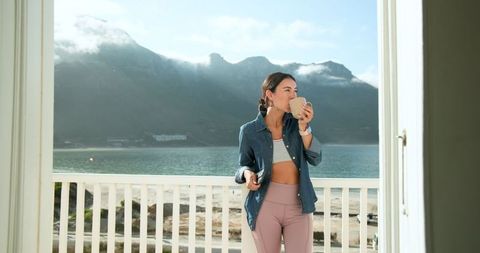 Tranquil Morning by the Lake with Technology and Coffee