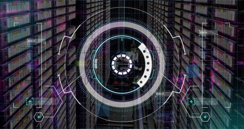 Futuristic hud over data storage aisle showing innovation