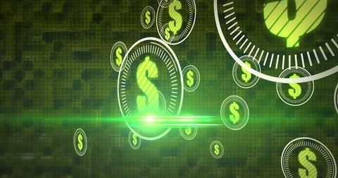 Neon green dollar signs in futuristic digital grid with light effects