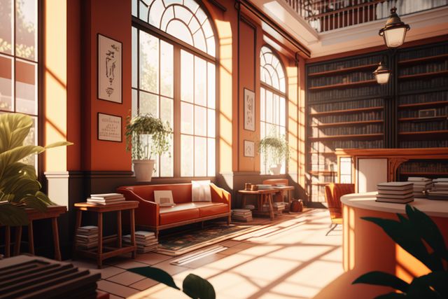 Interior of library with bookcases, sofa and big windows created using generative ai technology. Library, reading and design concept digitally generated image.