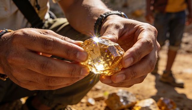 Holding raw amber gemstone with sun flare, prospector examining golden rough at mine site