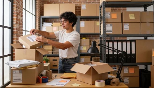 Ecommerce Fulfillment Packing Station Worker Preparing Labeled Parcels for Shipping
