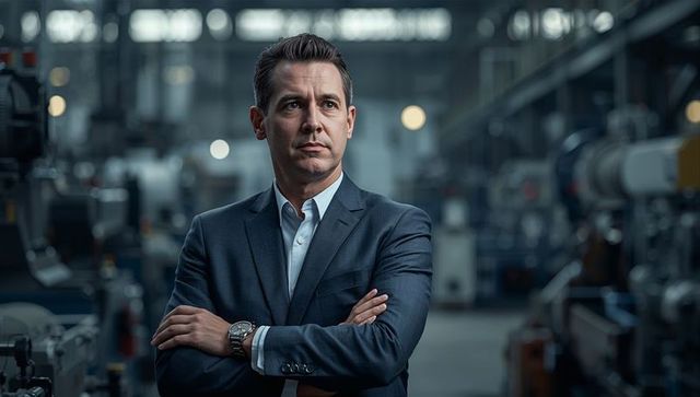 Executive Leader Surveying Modern Manufacturing Plant with Arms Crossed and Confident Pose