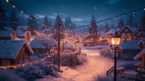 Enchanting Winter Village with Festive Lights at Dusk