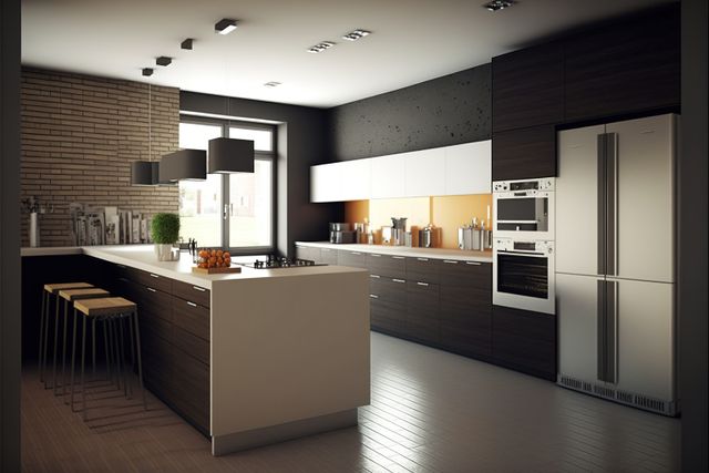 Modern kitchen with peninsula, appliances and large window, created using generative ai technology. Cotemporary style house interior decor concept digitally generated image.