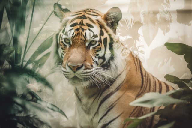 Double exposure with tiger and tropical greenery, created using generative ai technology. Double exposure, animal, wildlife and nature concept digitally generated image.